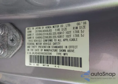 2008 Honda Cr-V Ex z USA, uszkodzony, nr VIN JHLRE48598C082596
